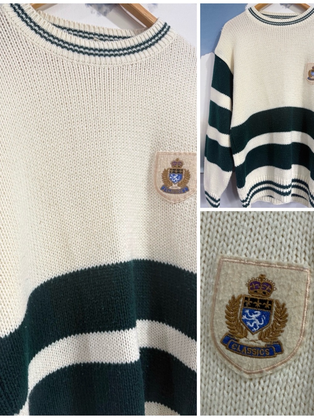 Vintage 90s Colour Block Crewneck Sweater Heritage Stripe Collegiate Crest Prep